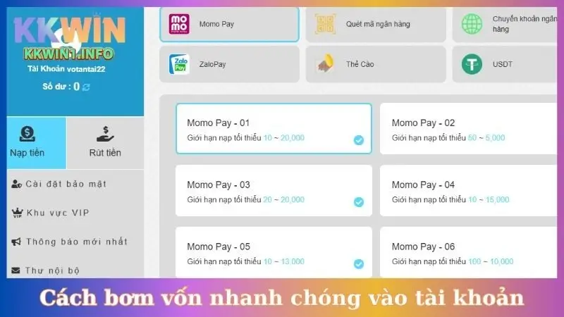 Các cách thức nạp vốn phổ biến bao gồm: