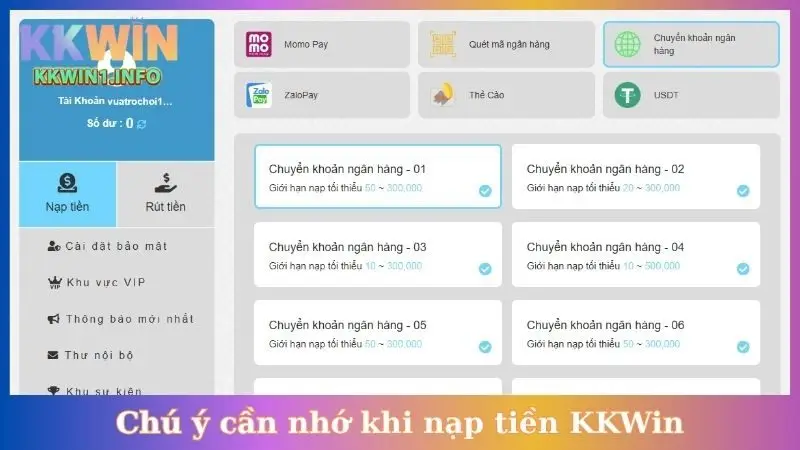 Chú ý cần nhớ khi nạp tiền KKWin